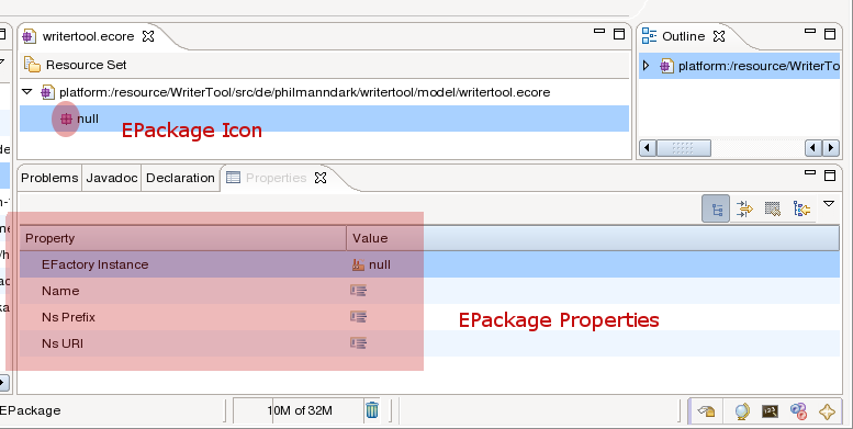 An EPackage with its properties